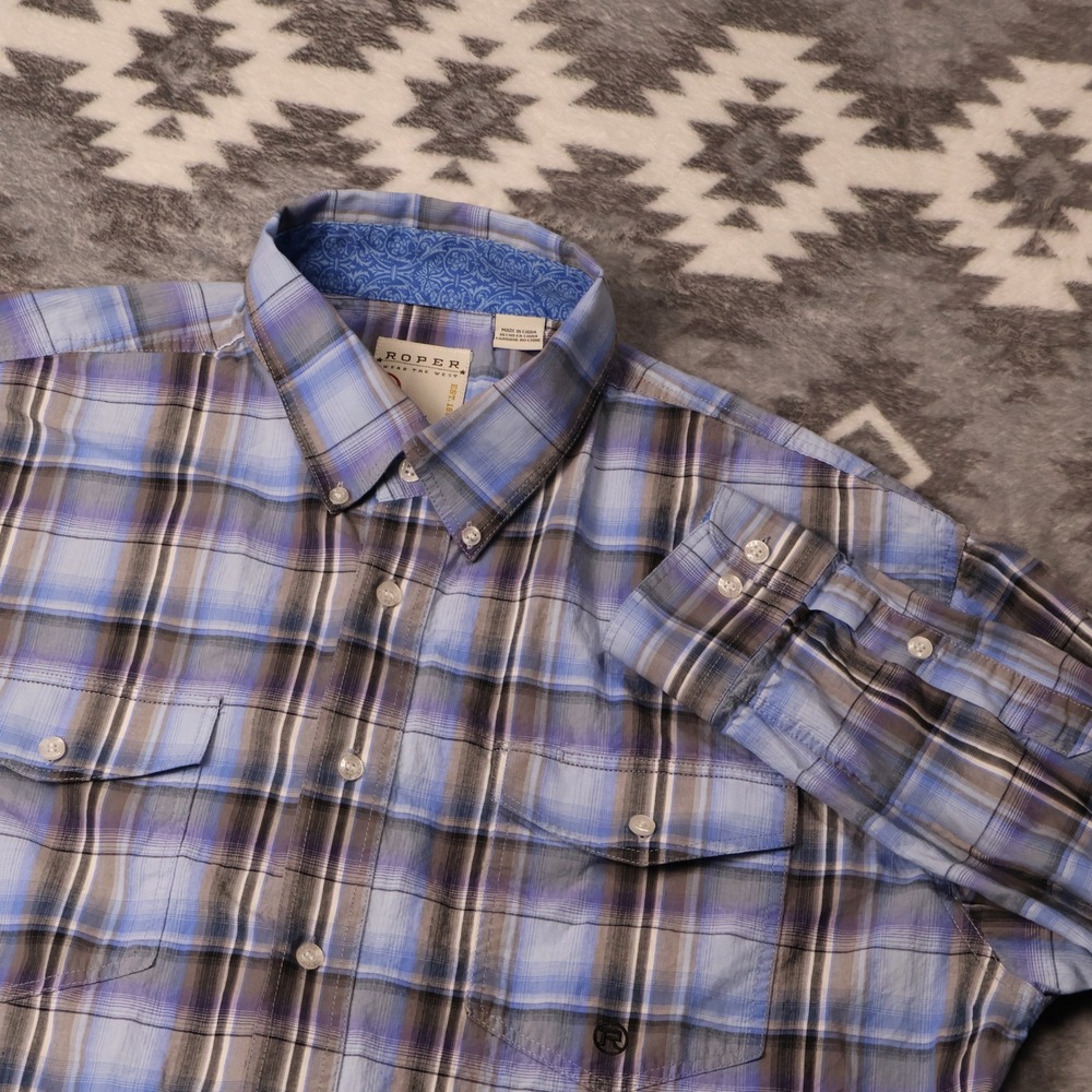 Roper Wear the West Mens XL Plaid Western Button Down Shirt Blue Brown 3-01-378